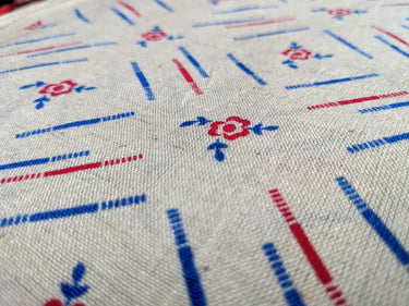 Off White Cotton Fabric In Red and Blue Floral Print, Handloom Fabric, Quilting Fabric